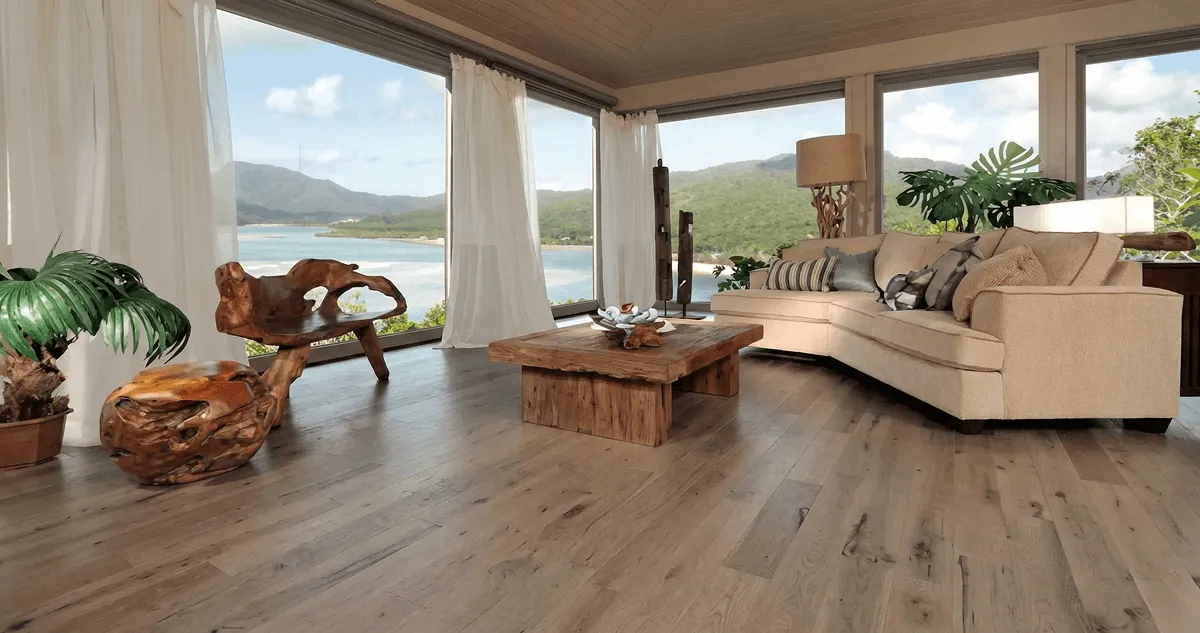 Professionally installed vinyl flooring in a modern living room with large windows in Chicago, IL